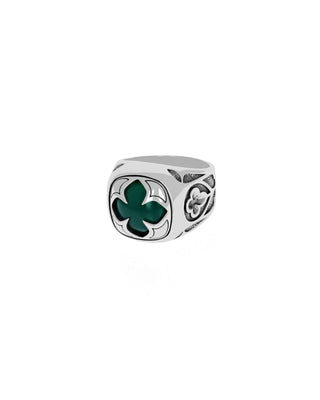 Cutout MB Cross Green Onyx Stone Ring W/ Relic Cross Detail