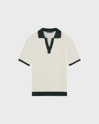 Vidal Cotton Crochet SS Buttoned Polo - Ivory & Evergreen