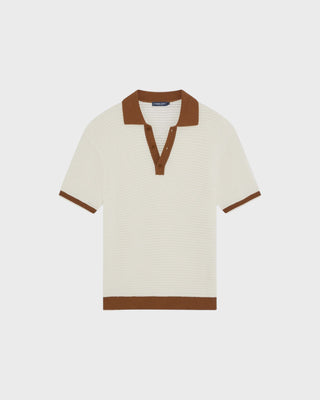 Vidal Cotton Crochet SS Buttoned Polo - Ivory & Dark Almond