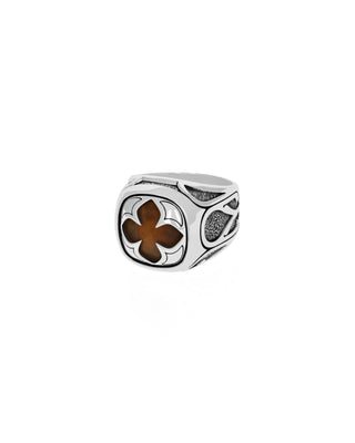 Tiger Eye Cutout MB Cross Stone Ring W/ Vatican Window Detail