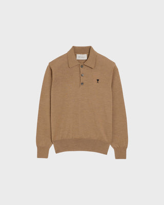 Merino Wool Knit Sweater Ami De Coeur Polo - Camel Chiné/noir