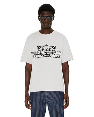 'Kenzo Happy Tiger' Embroidered Oversized T-shirt in Cotton - Pale Grey