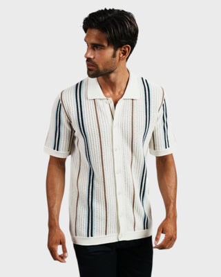 Fisherman Crochet S/S Button Up Polo Shirt - Ecru