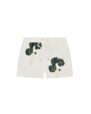 Rio Swim Short Linear Floral Print - Ivory & Evergreen