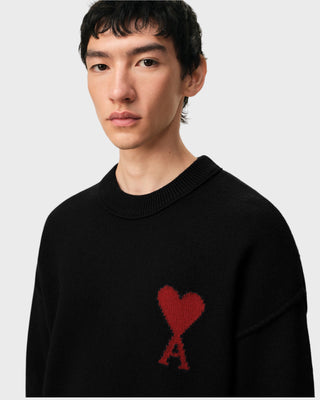 Wool Crewneck Sweater with Contrasted Ami de Coeur - Black/Red