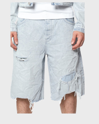 Blowout Patched Shorts - LT Indigo