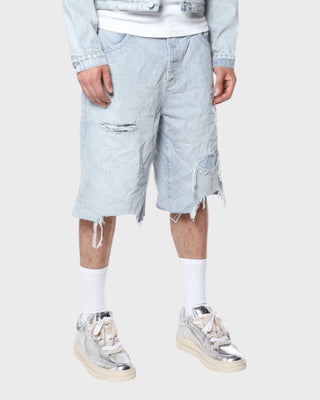 Blowout Patched Shorts - LT Indigo